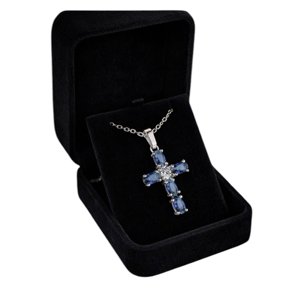 New Oval Cut Blue Gemstone Cross Necklace - Silver Pendant & Chain
C3‎